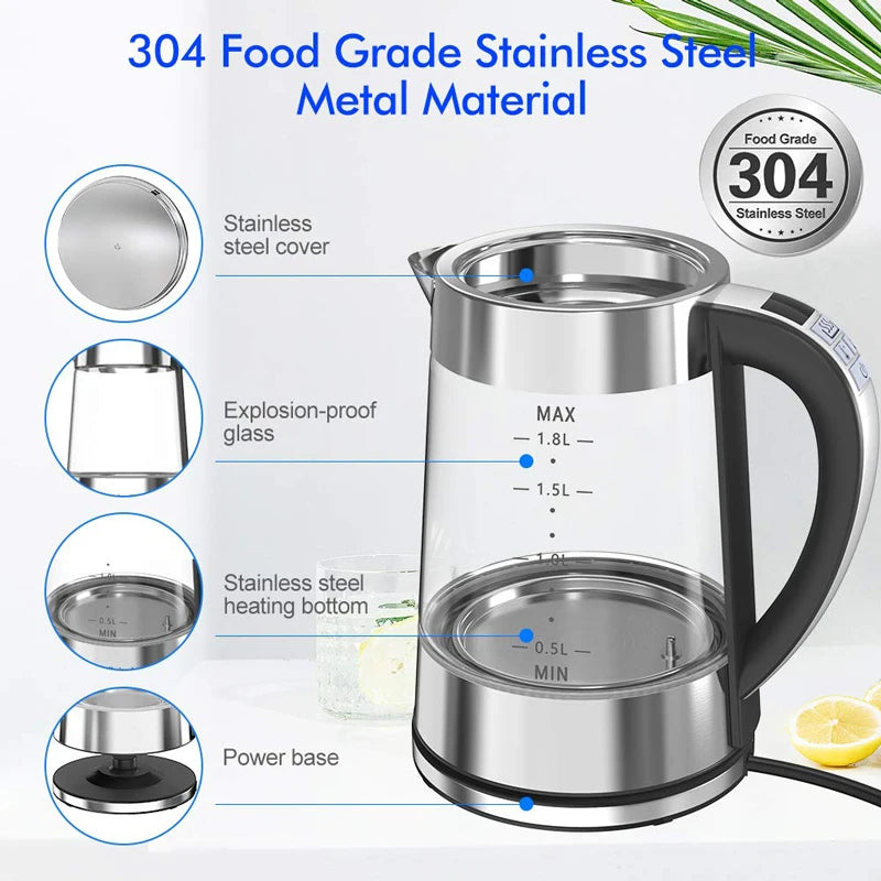 Smart Thermostatic Glass Electric Kettle 1.8L Capacity Automatic Thermostat Suitable for Home, Office, Hotel