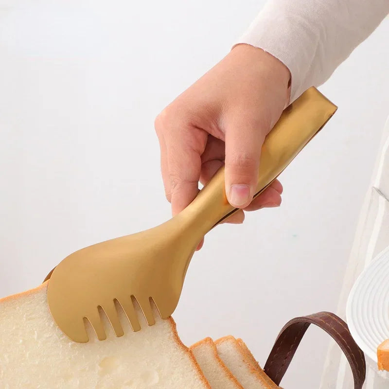 Kitchen Utensils, 1Pc Stainless Steel Food Tongs, Golden Bread Clamp, Salad Clip, Baking Pastry, BBQ Buffet Tongs, Cook