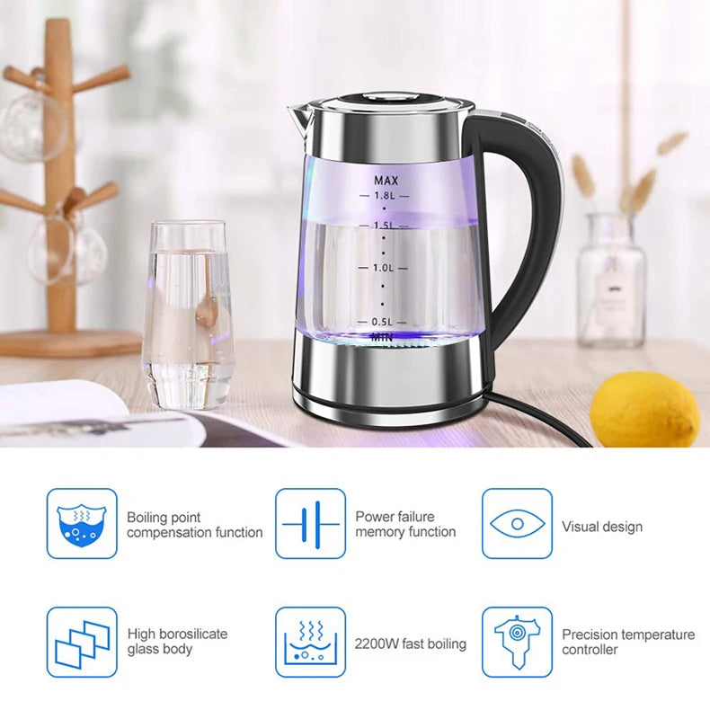 Smart Thermostatic Glass Electric Kettle 1.8L Capacity Automatic Thermostat Suitable for Home, Office, Hotel