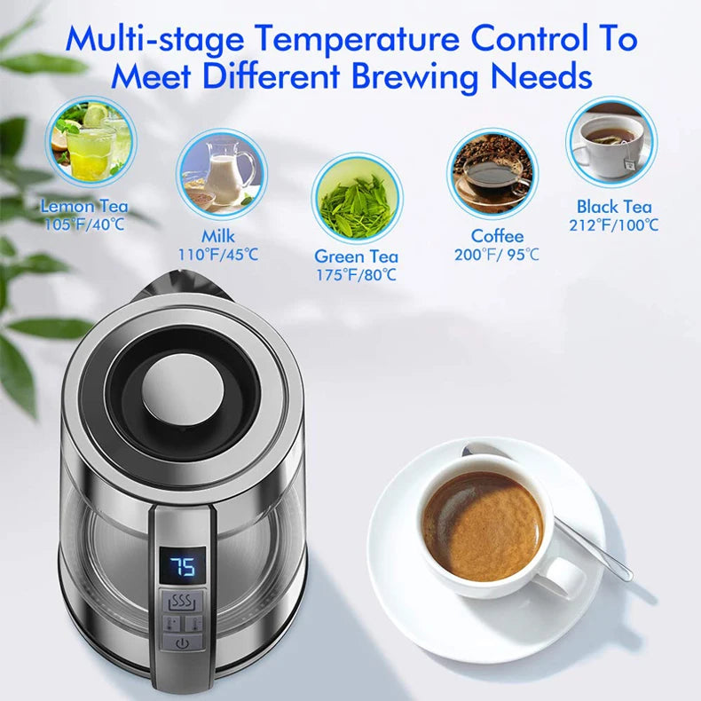 Smart Thermostatic Glass Electric Kettle 1.8L Capacity Automatic Thermostat Suitable for Home, Office, Hotel