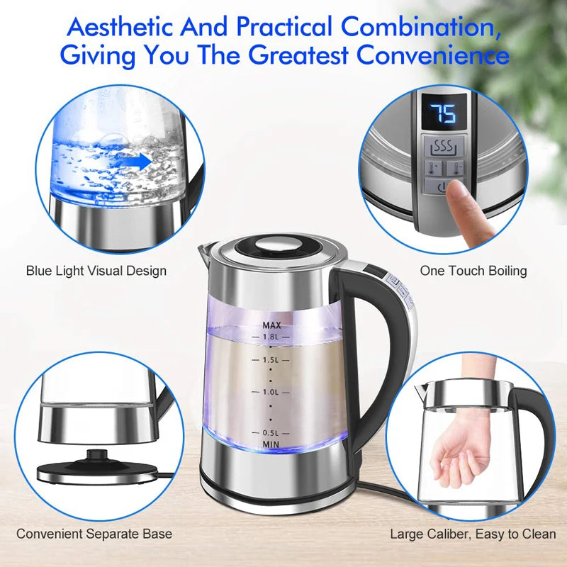 Smart Thermostatic Glass Electric Kettle 1.8L Capacity Automatic Thermostat Suitable for Home, Office, Hotel