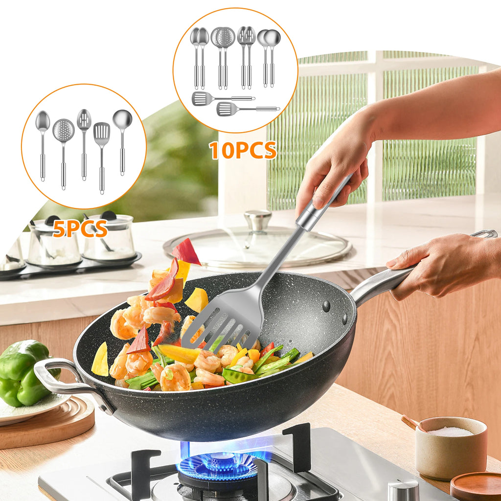 5/10Pcs Kitchen Cookware Cooking Utensils Set Stainless Steel Shovel Soup Spoon Utensils Dinnerware Cooking Tool Kitchen Gadgets