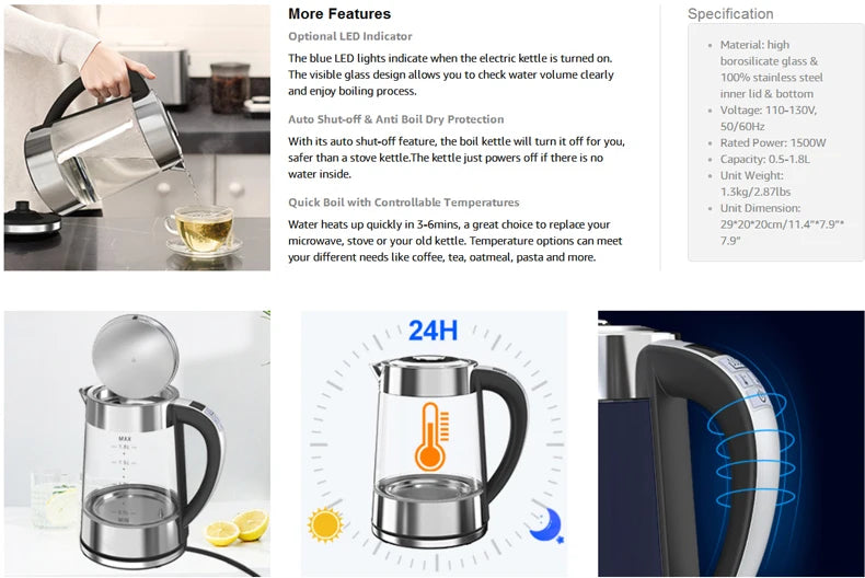 Smart Thermostatic Glass Electric Kettle 1.8L Capacity Automatic Thermostat Suitable for Home, Office, Hotel